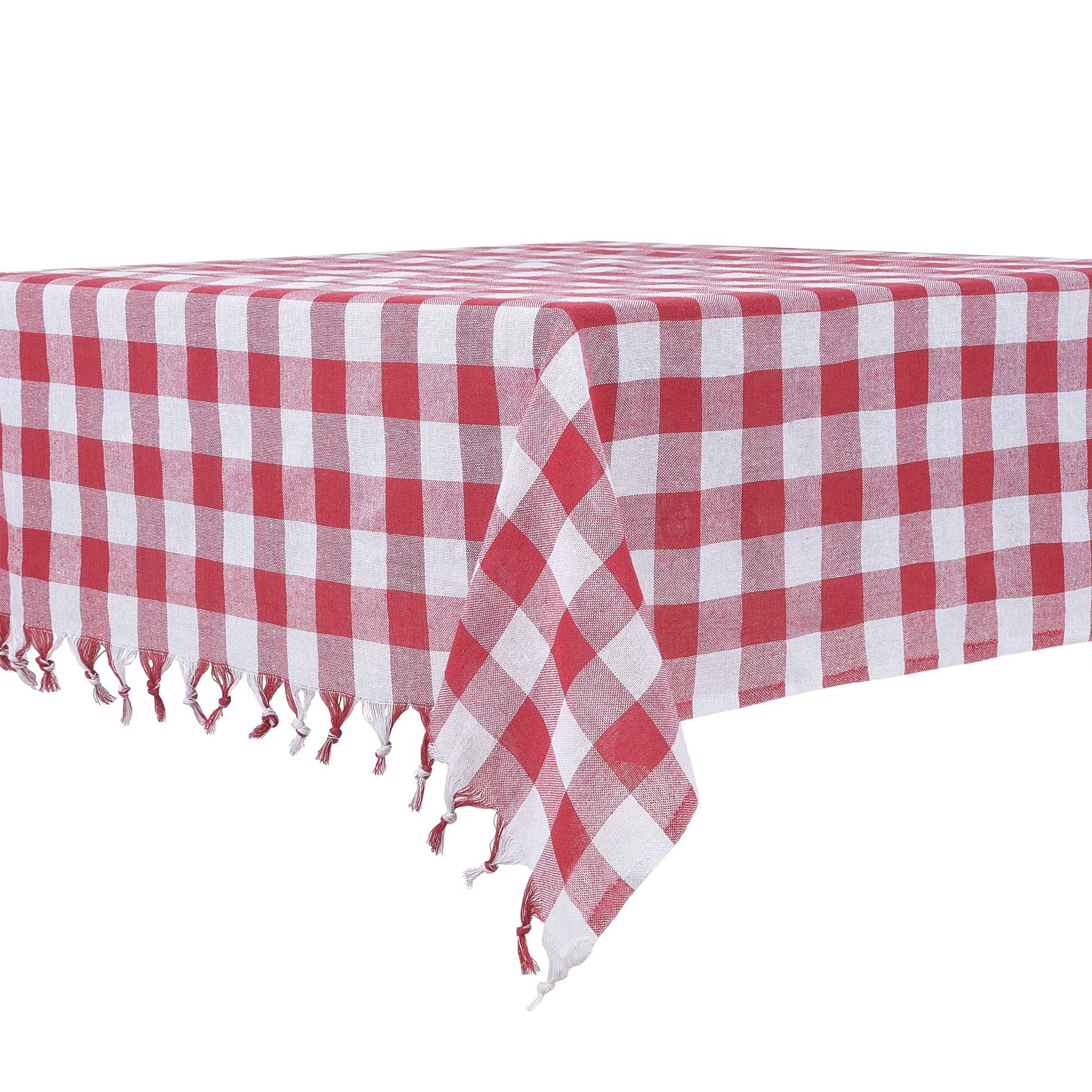Photo 1 of DESTALYA Checkered Tablecloth 55 x 55 Inch Picnic Blanket with Fringe, 100% Cotton Buffalo Check Plaid Gingham Rustic Style Linen Table Cover for Kitchen (Red and White 55'')