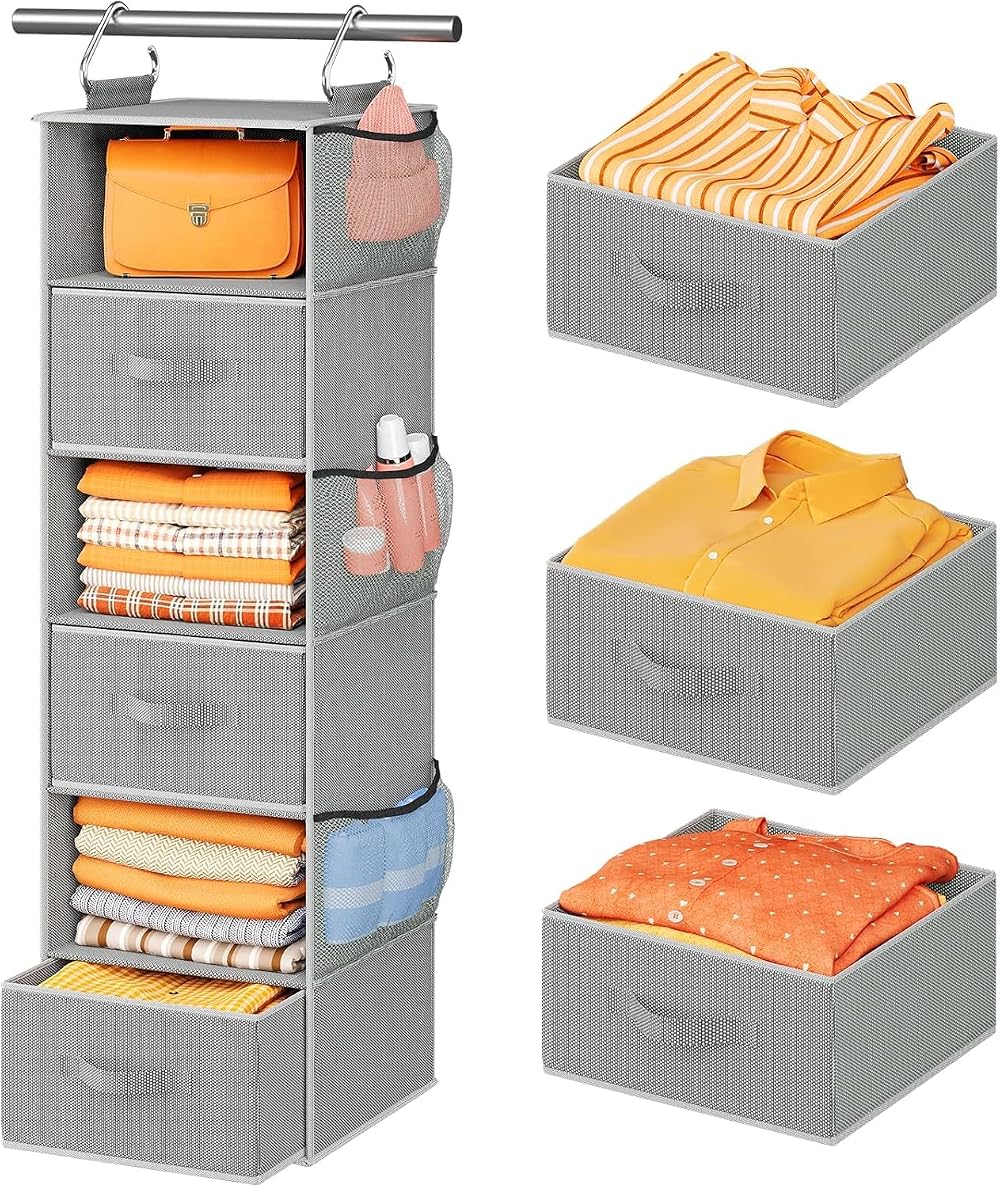 Pipishell 6-Shelf Hanging Closet Organizer w/ 3 Drawers Dark Gray 12"x12"x43.3"