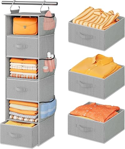 Pipishell 6-Shelf Hanging Closet Organizer w/ 3 Drawers Dark Gray 12"x12"x43.3"