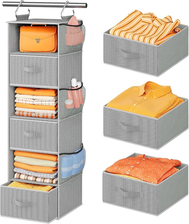 Pipishell 6-Shelf Hanging Closet Organizer w/ 3 Drawers Dark Gray 12"x12"x43.3"