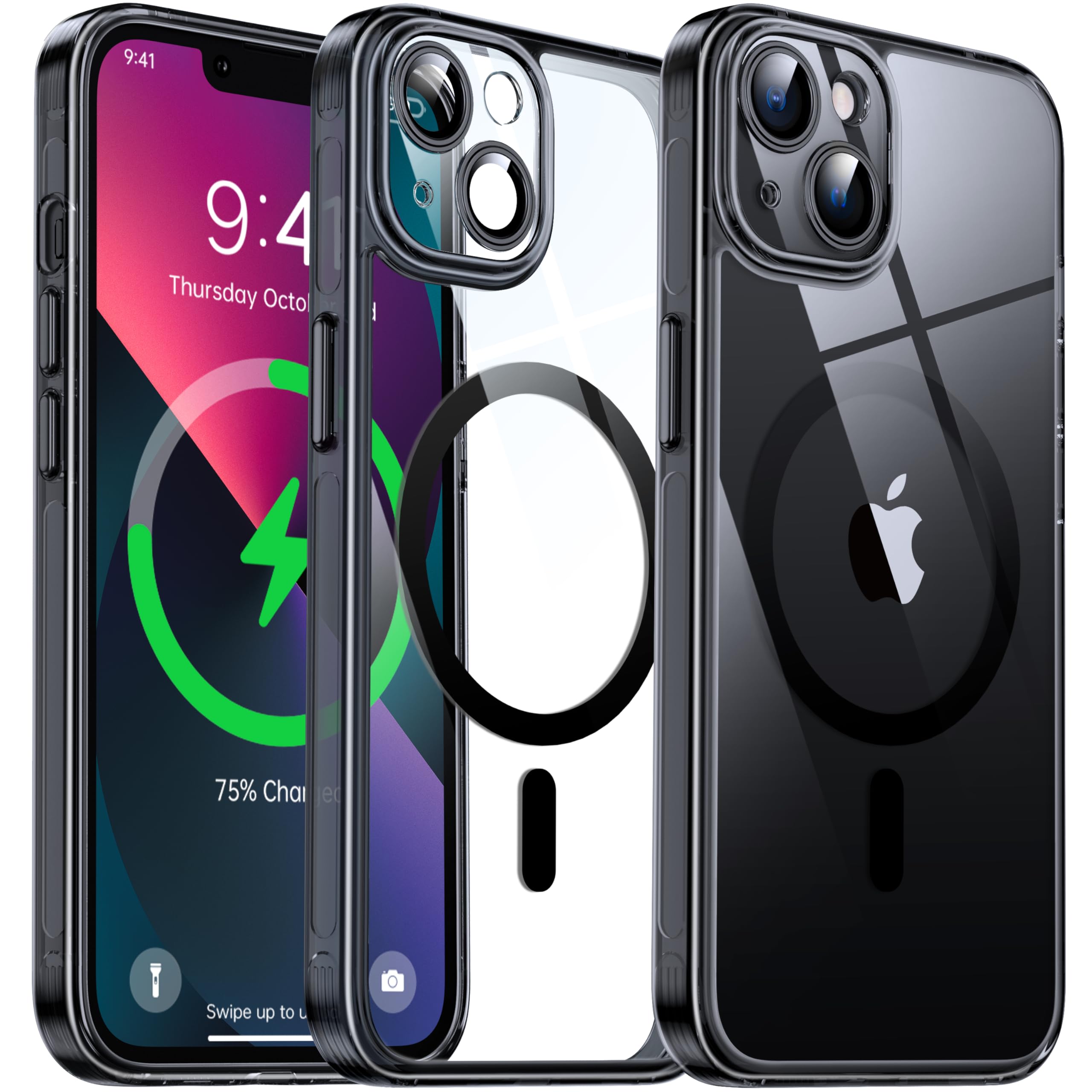 Flyzoo Clear Magnetic Case for iPhone 13 (6.1'') with Camera Protector, [Compatible with MagSafe] [Non-Yellowing] [Shockproof & Antiscratch Protection] Hard Transparent Cover with Silicone Edge, Black — image 1