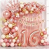123pcs Sweet 16 Party Decorations, 16th Birthday Decorations with Sweet 16 Banner Balloon Number Fringe Curtain Rose Gold Pearl White Balloons for 16th Birthday Decorations