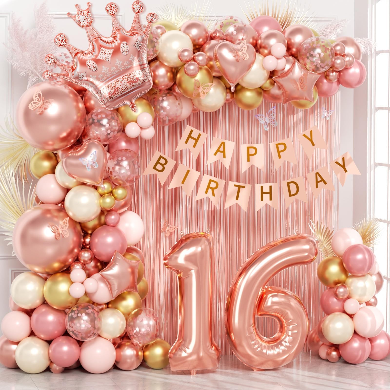 Photo 1 of 123pcs Sweet 16 Party Decorations, 16th Birthday Decorations with Sweet 16 Banner Balloon Number Fringe Curtain Rose Gold Pearl White Balloons for 16th Birthday Decorations