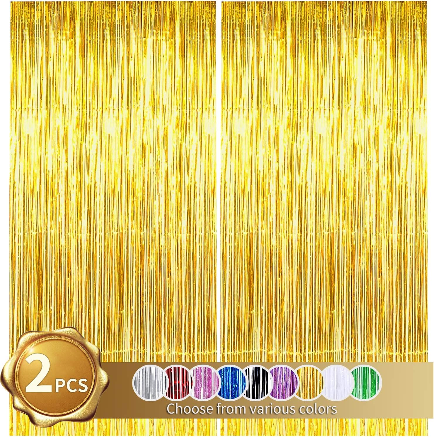 BEISHIDA 2 Pcs Gold Door Streamers Tinsel Curtain Party Streamers Backdrop Fringe Foil Wall Background for Birthday Halloween Christmas Wedding Party Decoration(3.28 ft x 6.56 ft)
