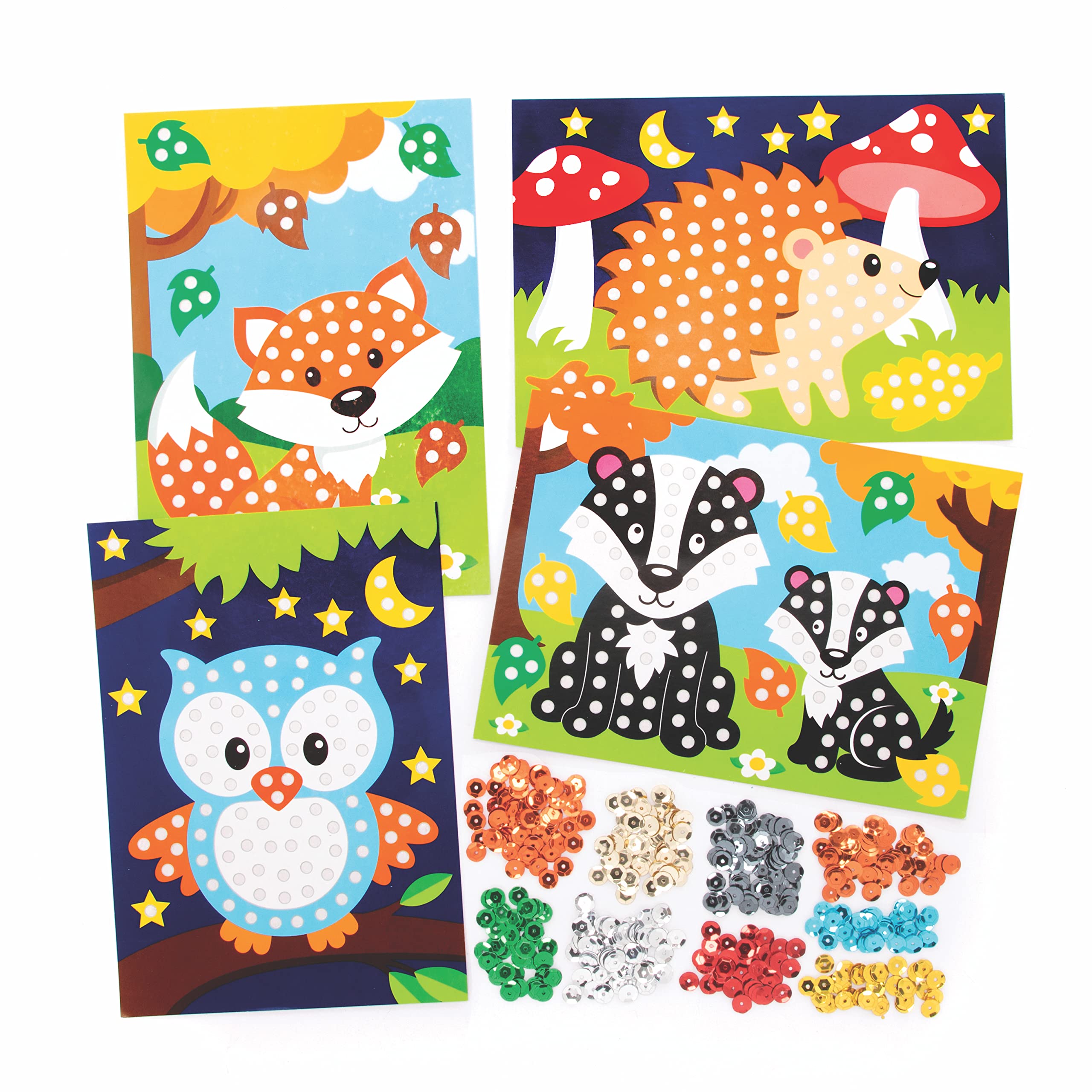Baker Ross FE681 Woodland Animal Sequin Picture Kits - Pack of 4, Make Your Own Childrens Art Set, Creative Autumn Activities for Kids, Decorate Your Own Arts and Crafts Project