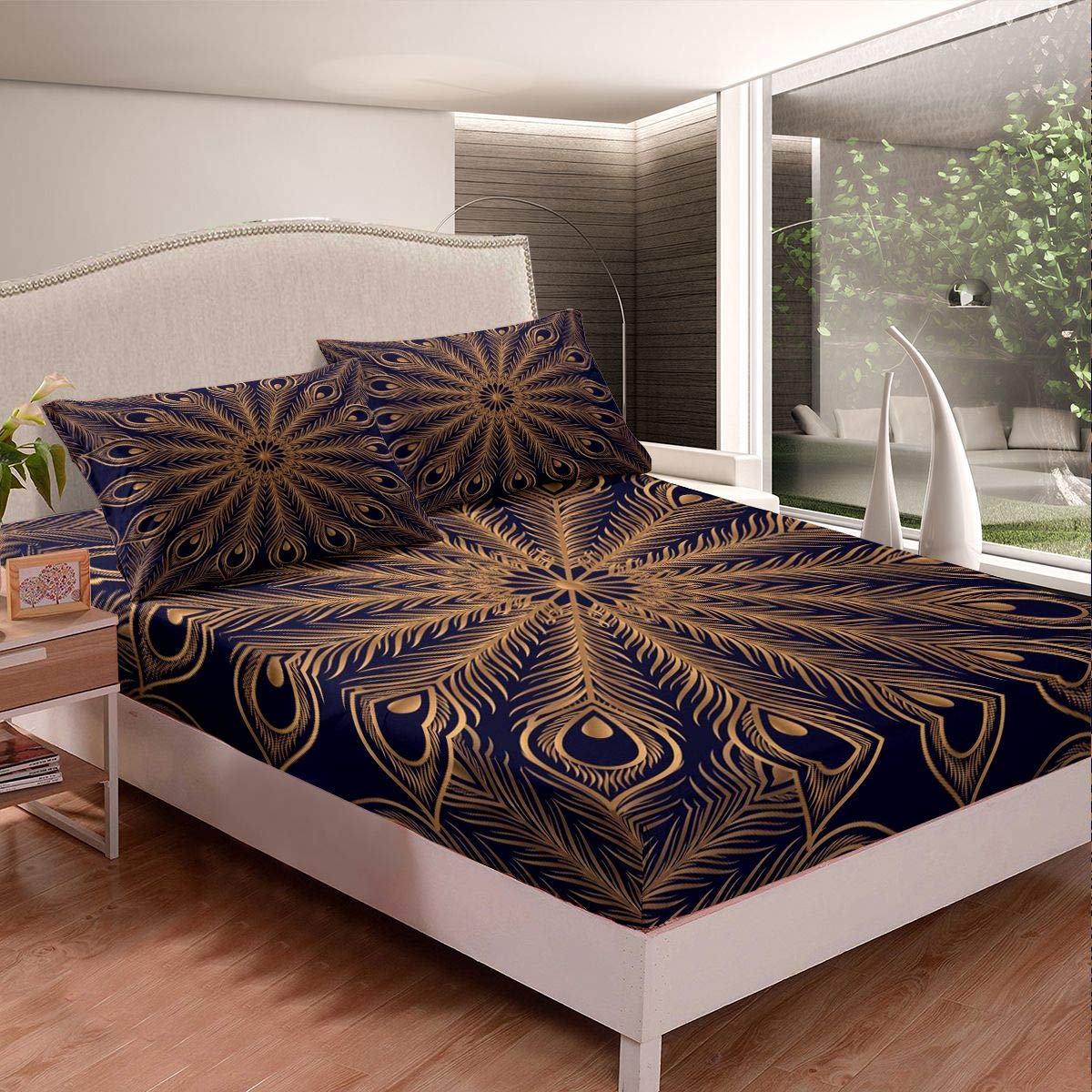 Peacock Feather Print Bed Sheets Brown Feathers Element Bed Sheet Set for Kids Boys Girls Teens Animal Theme Bedding Set Luxury Chic Design Fitted Sheet Room Decor 3Pcs Double Size,Zipper