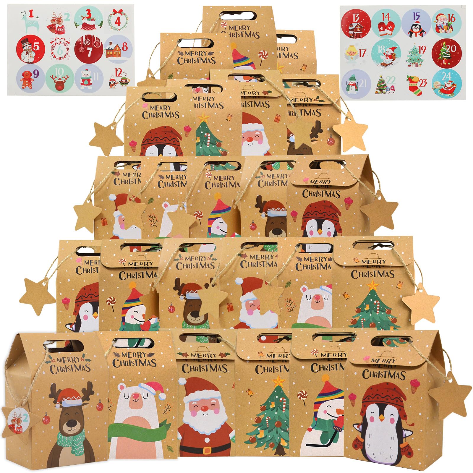 Bigqin 24 Pcs Gift Box Kraft Paper Treat Goody Candy Bag with 1-24 Number Advent Calendars Stickers DIY Tags for Party Favour Box Packs, 5.5 * 3.75 * 2.35"