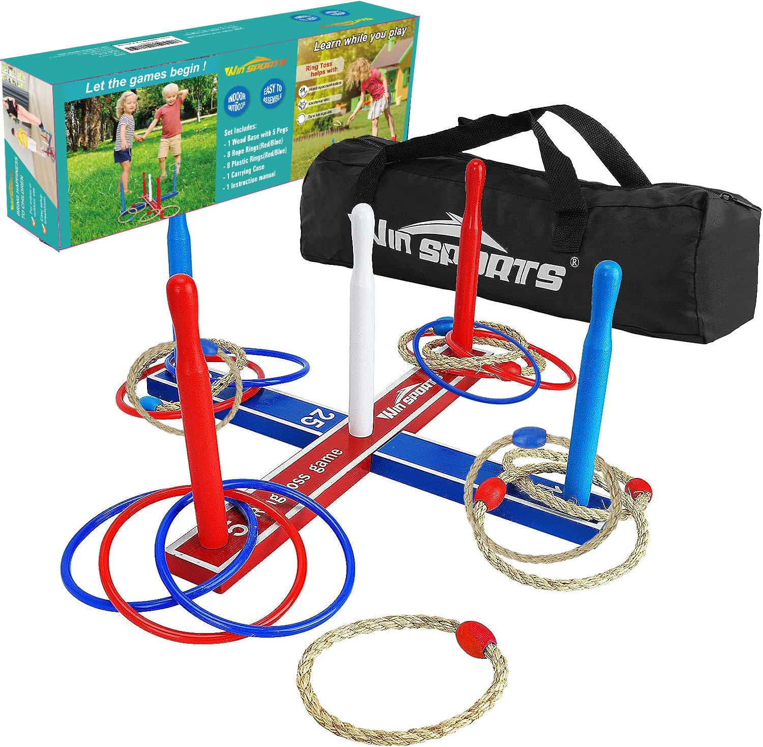 Photo 1 of Premium Wooden Ring Toss Game Set - Win SPORTS Throwing Game Indoor Outdoor Games for Kids & Adults,Includes Wood Base,Fun Family or Friends Game