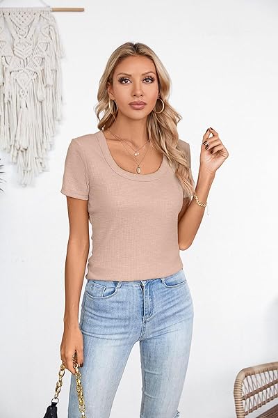 VICHYIE WOMENS SUMMER SHORT SLEEVE TOPS SQUARE NECK LOOSE TUNICS HENLEY CASUAL SHIRT SEXY BASIC BLOUSE TOP TSHIRT LIGHT KHAKI M