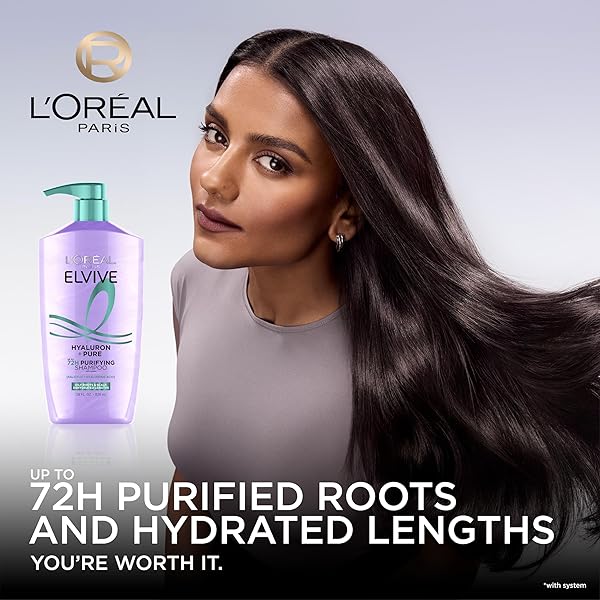 L’OREAL PARIS ELVIVE HYALURON + PURE 72H PURIFYING SHAMPOO FOR OILY HAIR, CLARIFYING SHAMPOO WITH SALICYLIC ACID AND HYALURONIC ACID, 28 FL OZ