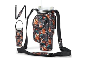 HWGOODYE Fox Tumbler Carrier Bag for 40 oz Stanley Cup Accessories, Insulated Water Bottle Holder with Double Pocket for Stanley 40 oz Tumbler with Handle & Strap