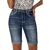 roswear Women's Denim Bermuda Shorts Mid Rise Stretchy Rolled Hem Long Jean Shorts