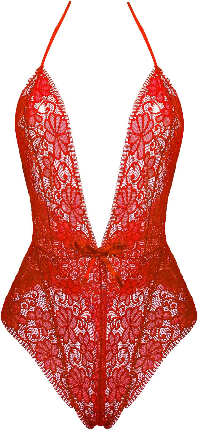 Amorbella Teddy Lingerie for Women Deep V Halter Sexy Lace One Piece Bodysuit