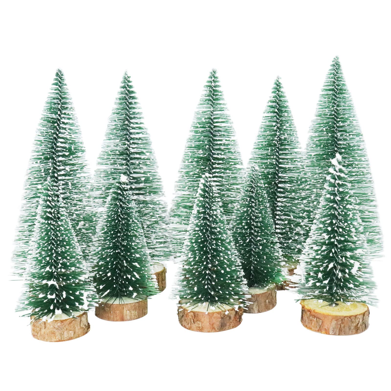 TheStriven 10 Pcs Artificial Frosted Sisal Trees With Wood Base - Bottle Brush Mini Pine Tree for DIY Crafts, Christmas Miniature Ornaments, Xmas Home Tabletop Decor