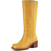 MUCCCUTE Knee High Boots for Women Campus Boots Yellow Banana Square Toe Wide Calf Tall Chunky Block Low Heel Long Botas Pull On Size 7