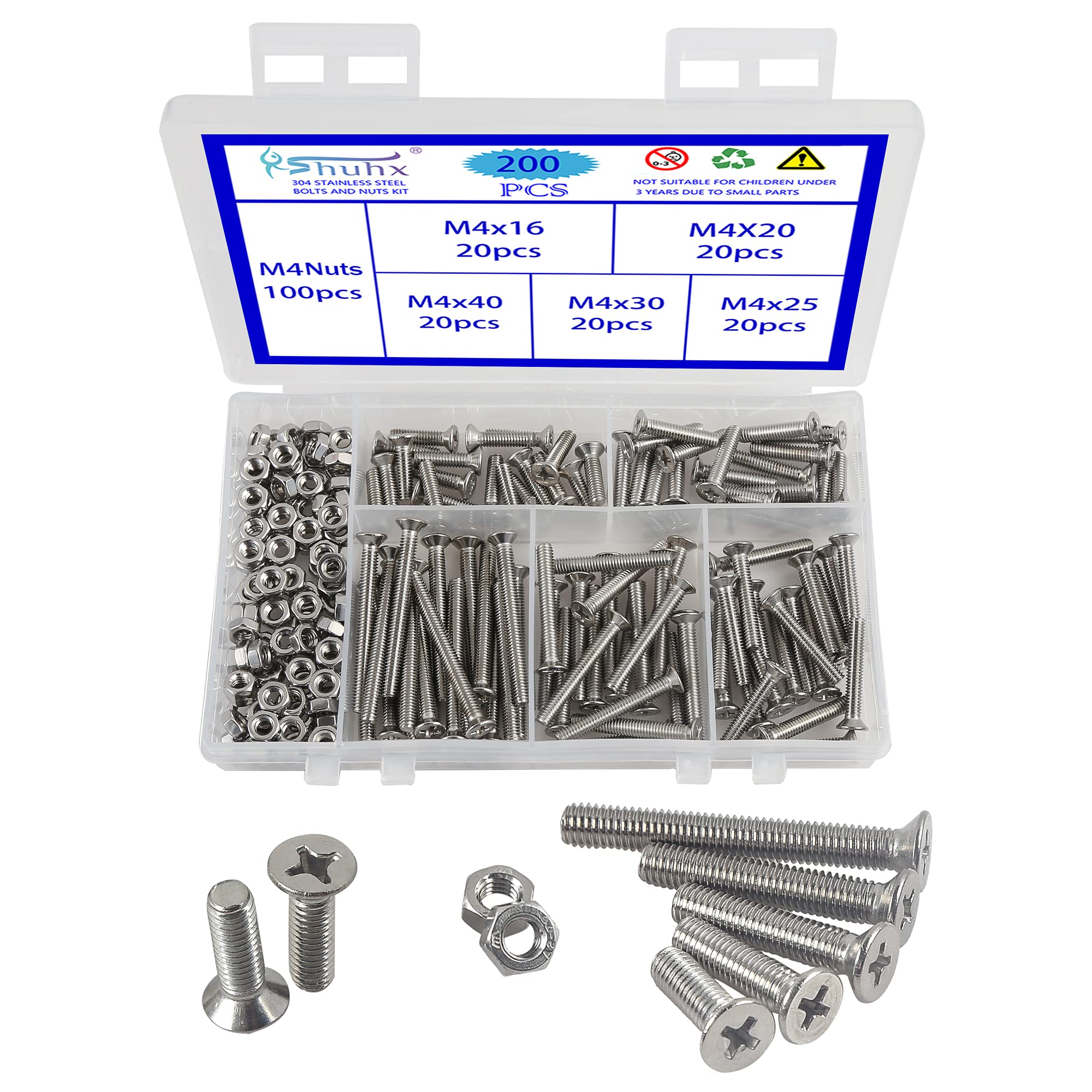 Rshuhx 200PCS M4 Cross Countersunk 304 Stainless Steel Machine Screws Bolts and Nuts Flat Head Phillips Screw Fastener Repair Tools Assortment Kit for Baby Crib Headboards Chairs Furniture