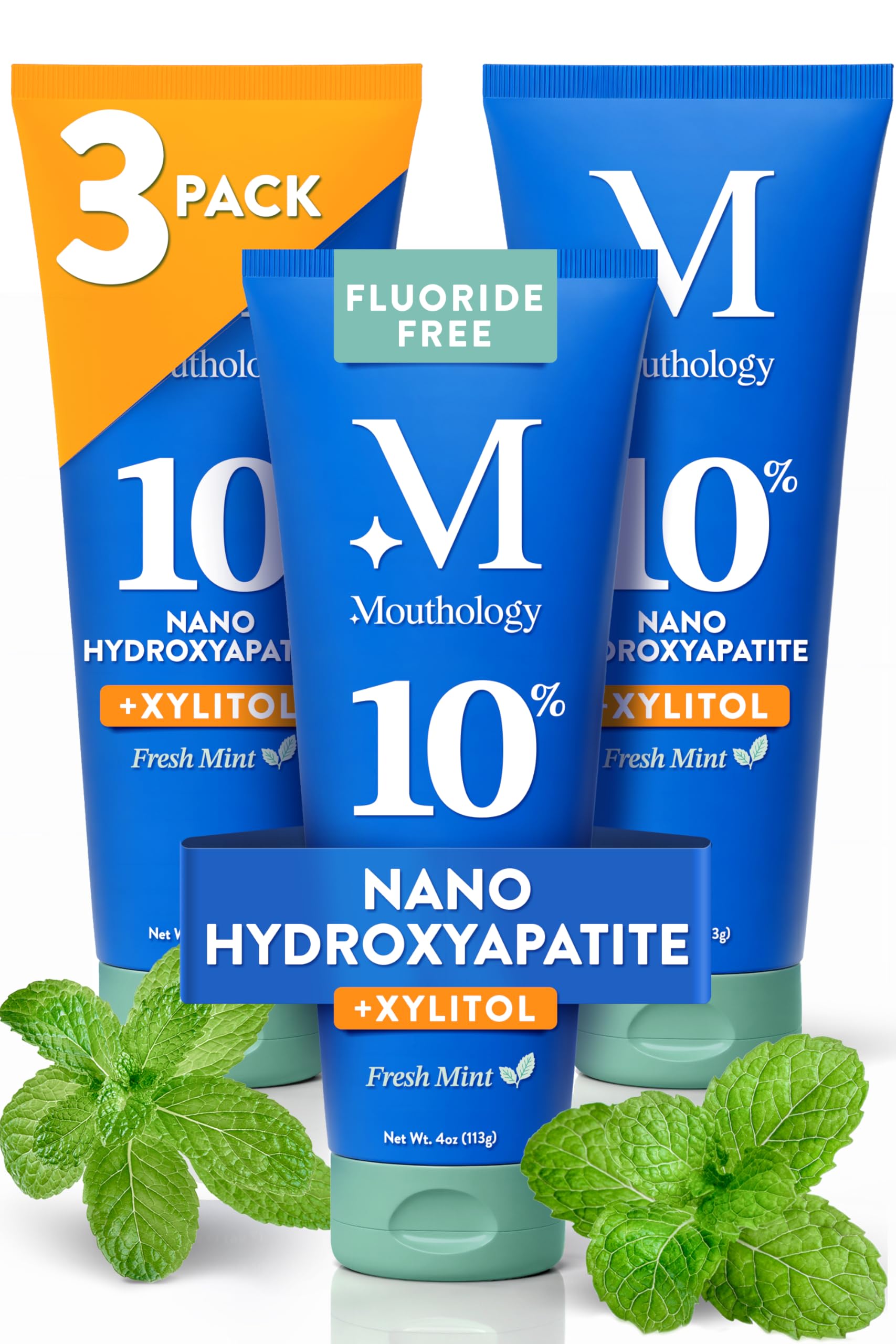 Mouthology 10% Nano Hydroxyapatite Toothpaste (3pk, Fluoride Free), Whitening*, Supports Enamel Care*, Appropriate for Sensitive Teeth*, SLS Free, Xylitol nHA Toothpaste Adults, Mint 4oz (USA Made)