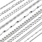 ELLEWIN 10 Pcs Chains for Men Silver Necklace Stackable Stainless Steel Chains Set Mens Jewelry Set Cross Cuban Link Figaro Chain