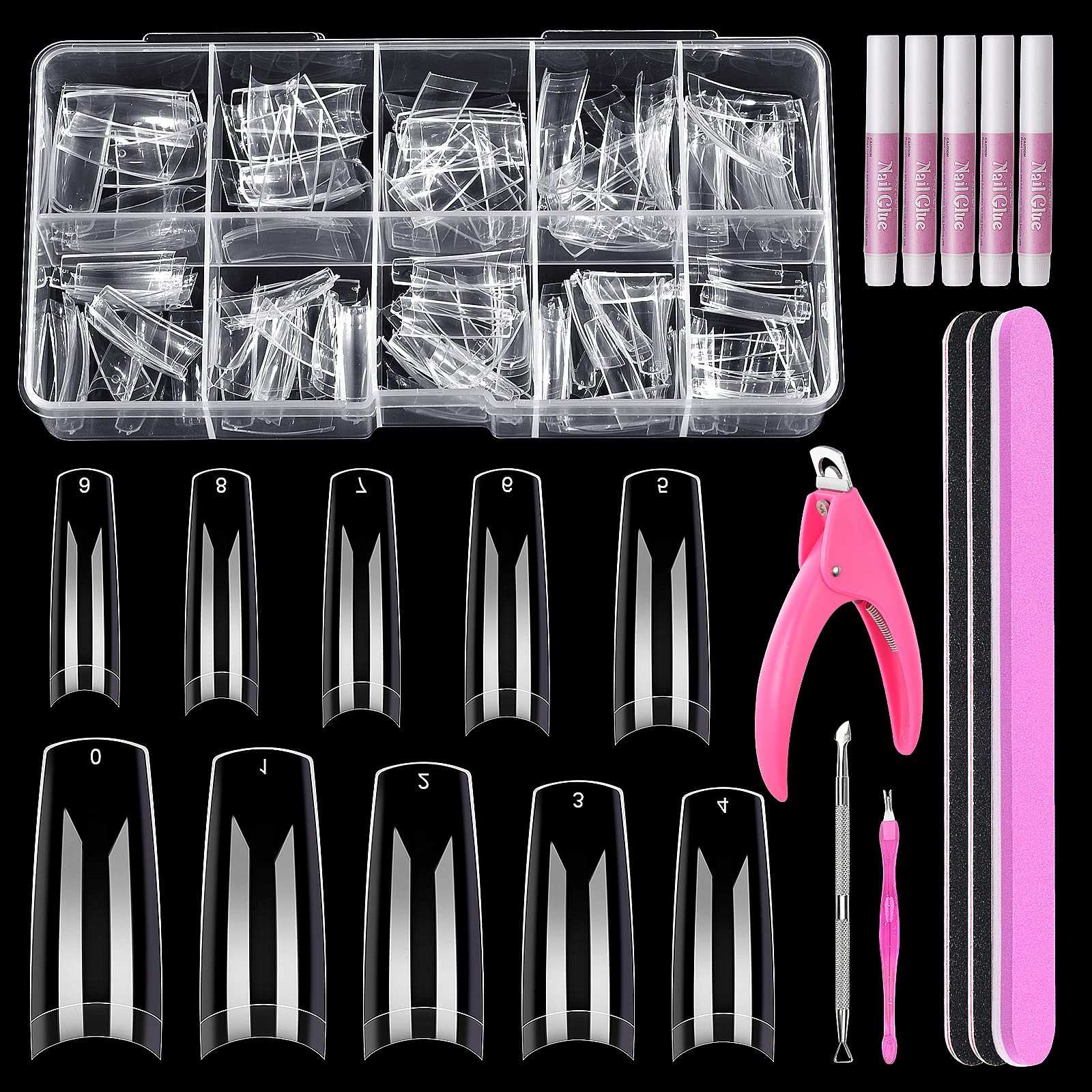 False Nails, MORGLES 500pcs Acrylic Squoval Clear Fake Nails with Glue, Clippers, Cuticle Pusher and Fork,10 Sizes(0-9) in Box