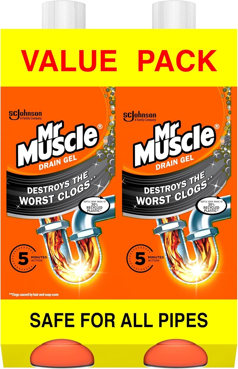 Mr Muscle Drain Unblocker Gel Duo Pack 2 x 1L Fast Acting Thick Drain Cleaner