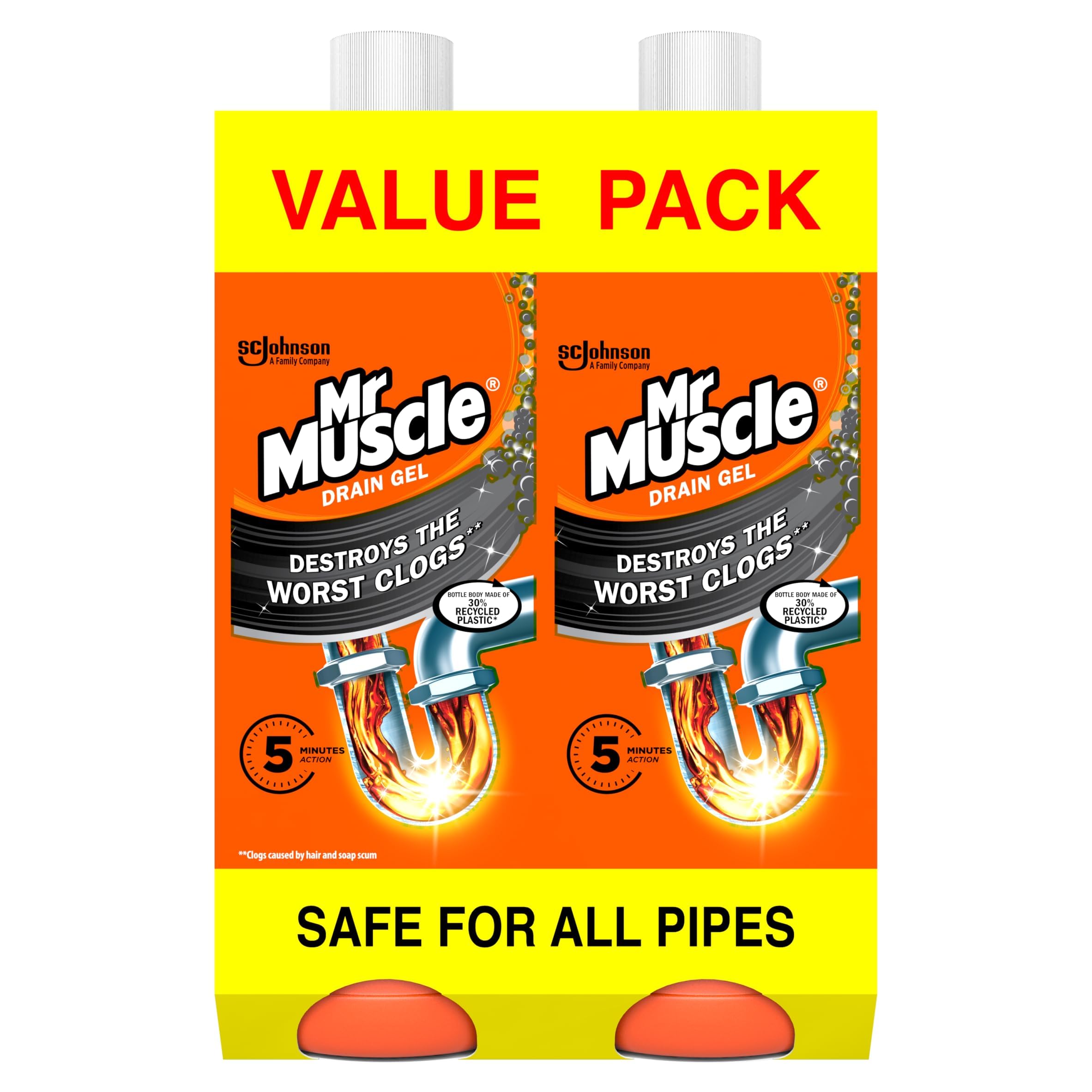 Mr Muscle Drain Unblocker, Sink & Drain Cleaner (2 x 1L) Fast Acting Heavy Duty Drain Gel, Dissolves Clogs, Works 3x Better Than Bleach, Safe for All Pipes, Duo Pack