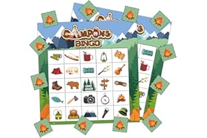 CJIANGPO 41Pcs Camping Bingo Game Cards for Kids - Camp Adventure Party Games with 24 Players - Jungle Bingo Cards Chips for Kids Family Travel Indoor Outdoor Activities School Classroom Birthday Supplies