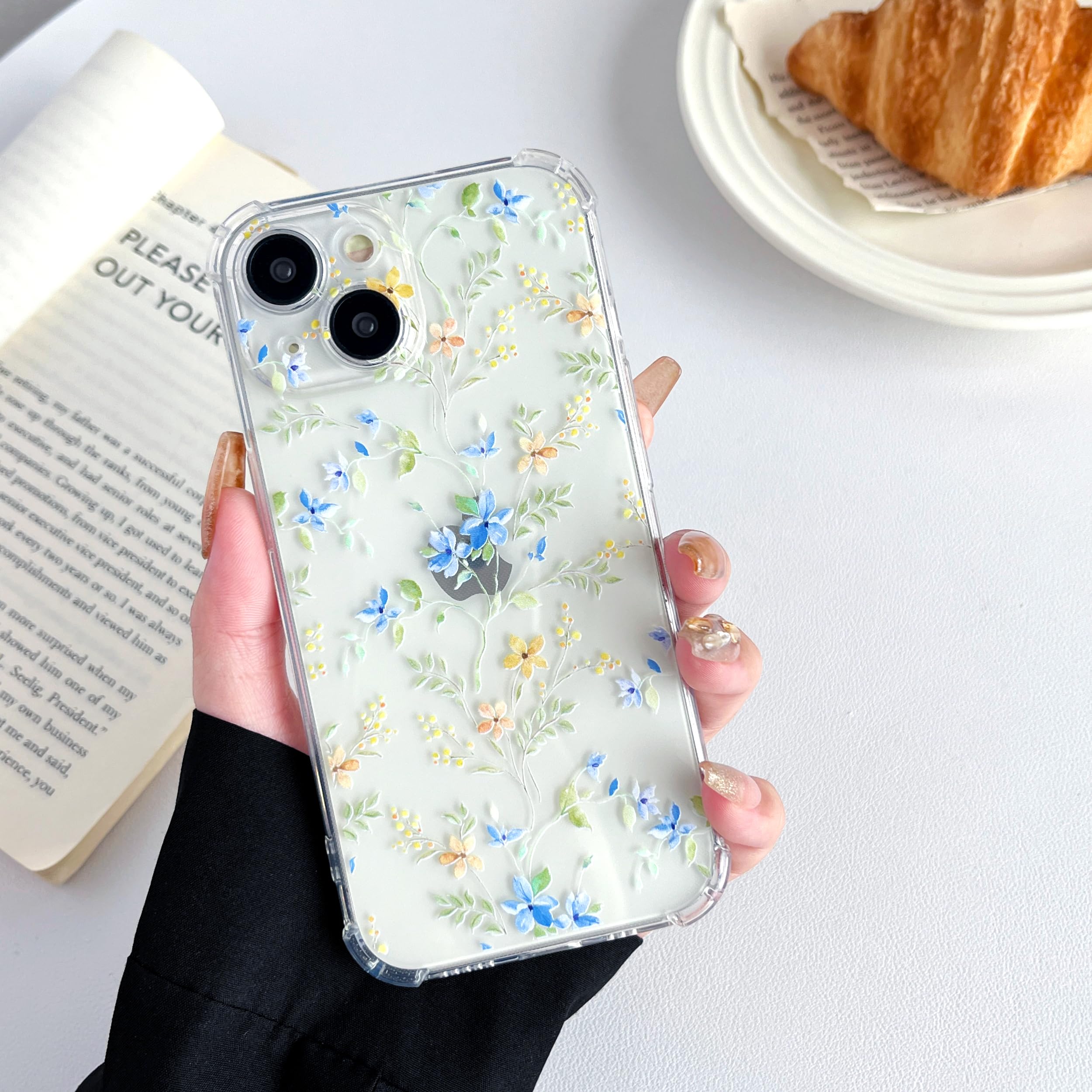 ZTOFERA Case for iPhone 15, Transparent Clear Soft TPU Case with Flower Pattern, Ultra Slim Anti-scratch Silicone Gel Protective Bumper Cover for iPhone 15 (6.1") - Blue Pink Flower