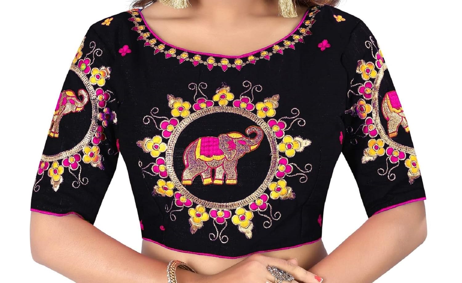 flowers fashion black banglori cotton silk readymade embroidery designer saree blouse