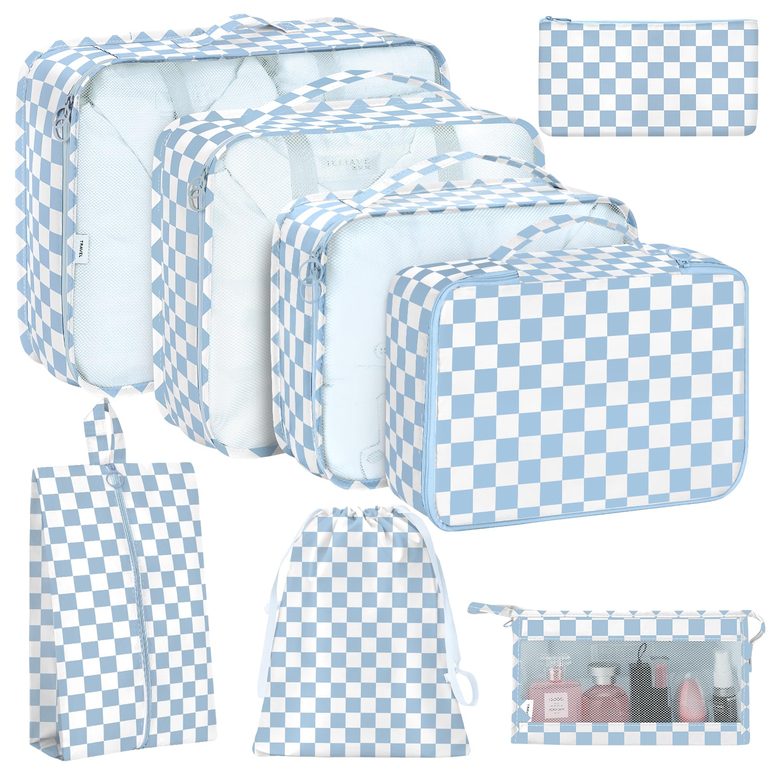 Photo 1 of 8 Set Packing Cubes for Travel, Luggage Packing Organizers Accessories Large Toiletries Bag for Clothes Shoes Cosmetics (Blue Checkered)