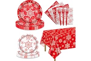 APUXXJUPA Christmas Snowflakes Plates Set for 20 Guests, Including Red Snowflakes Tablecloth, Napkins, Forks and Plates for Xmas Winter Holiday New Year Party Decorations