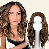NOVFLKW Brown Highlight Short Wavy Wig for Women Shoulder Length Middle Part with Pre Cut Lace Hairline Wavy Wig Natural Appearance Synthetic Heat Resistant Fiber for Everyday Hairstyle 16 Inch