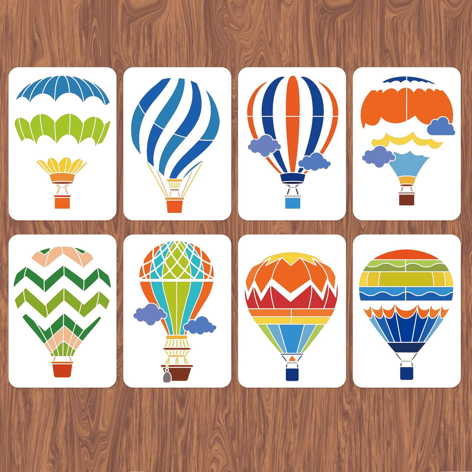 INFUNLY 8pcs Hot Air Balloon Wall Stencils for Painting 11.7x8.3 Tile Stencil Set Reusable Plastic Wall Stencils Template for Painting on Wood Wall Furniture Floor Tiles Fabric DIY Home Decor