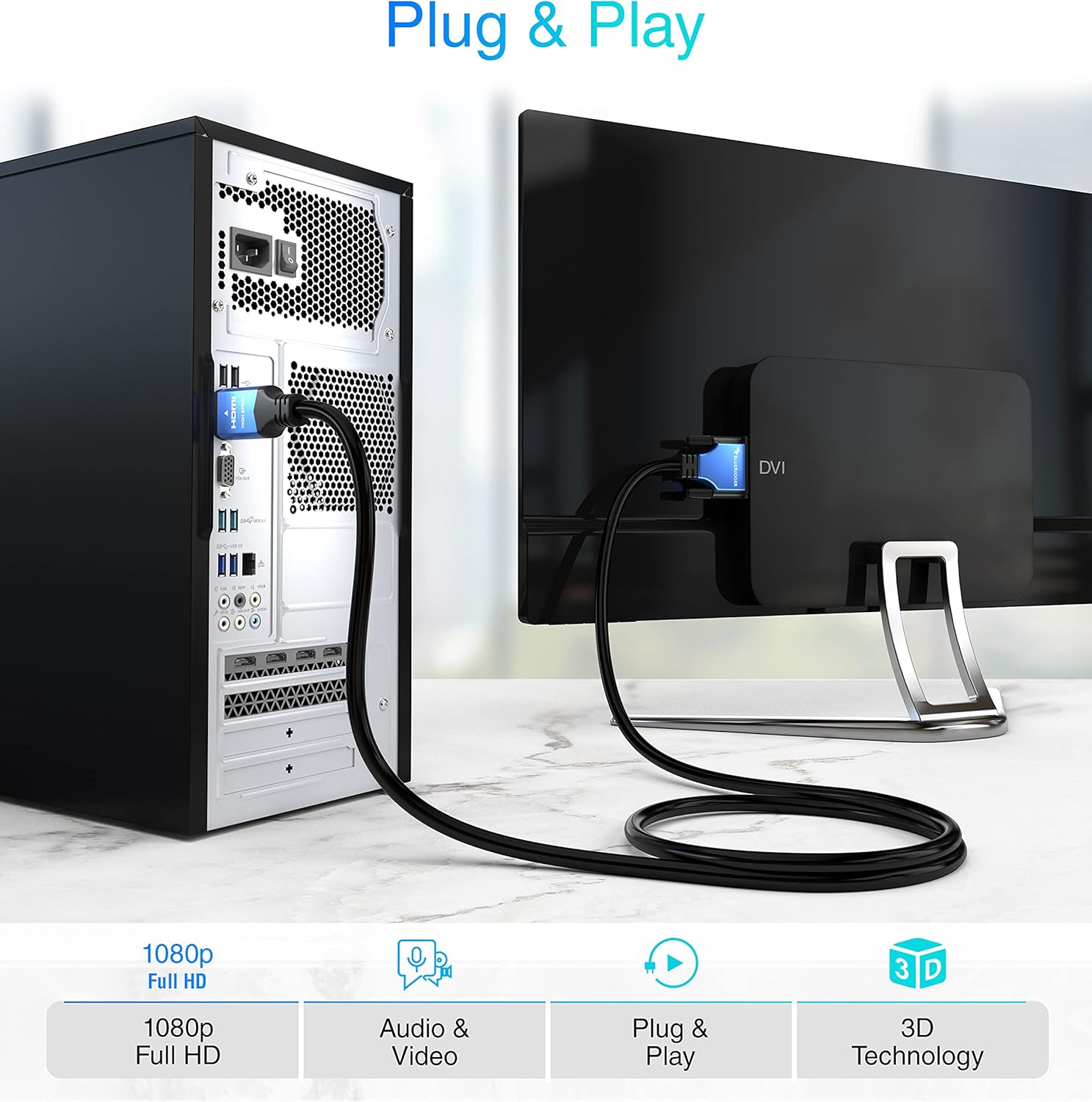 BlueRigger HDMI to DVI Adapter Cable (6.6 Feet, Bi-Directional Monitor Cable, DVI-D 24+1, High-Speed, Male to Male): Camera & Photo