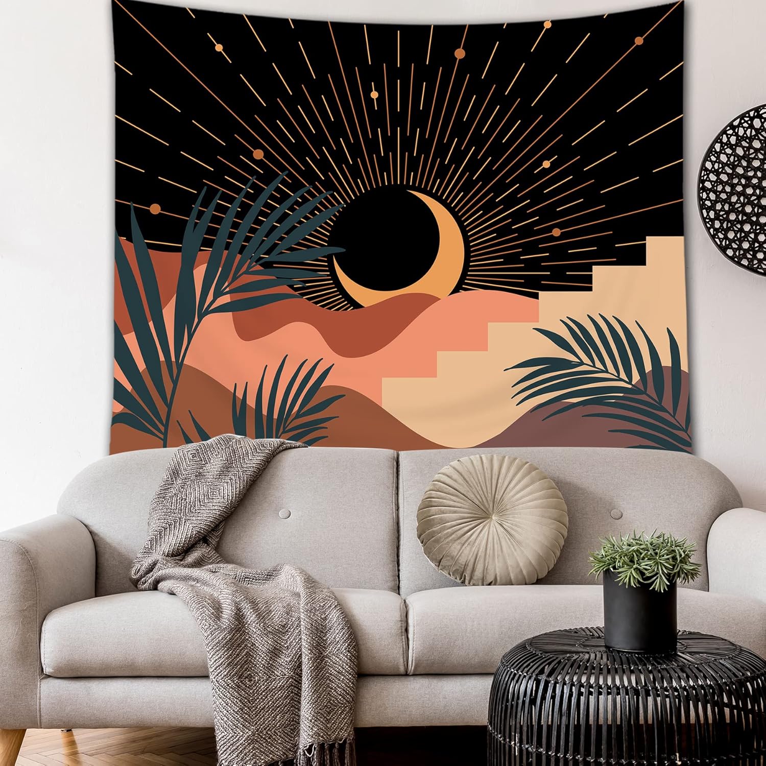 Tapestries - LGhtyro Mid Century Boho Fabric Wall Hanging Tapestry 59Wx51H Inch Abstract Mountain Sunset Moon with Leaves Leaf Minimalist Geometric Terracotta Aesthetic Bedroom Dorm Living Room Wall Art Home Decor