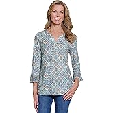 MULTIPLES Women's Pleated Flounce Three Quarters Sleeve Y-Neck Placket Band Collar P/O Top, Multi