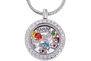RUBYCA Themed Locket Necklace Crystal Birthstone Living Memory Floating Charm Silver Tone DIY