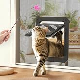 LIBBEPET Cat Door for Screen Door with Lockable Flap for Cat &le;20 lbs, Black | Outer Size 9.5"x11.4", Reinforced ABS Frame, Magnetic Flap, Mosquito Resistant Brush, Interactive Cat Toy, Scratch Resistant
