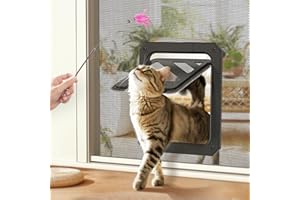 LIBBEPET Cat Door for Screen Door, Lockable Cat Screen Door for Cats & Small Dogs Up to 20 lbs, Magnetic Flap Opening 7 x 9 inches, Equipped with Interactive Cat Toy & Installation Tools, Black