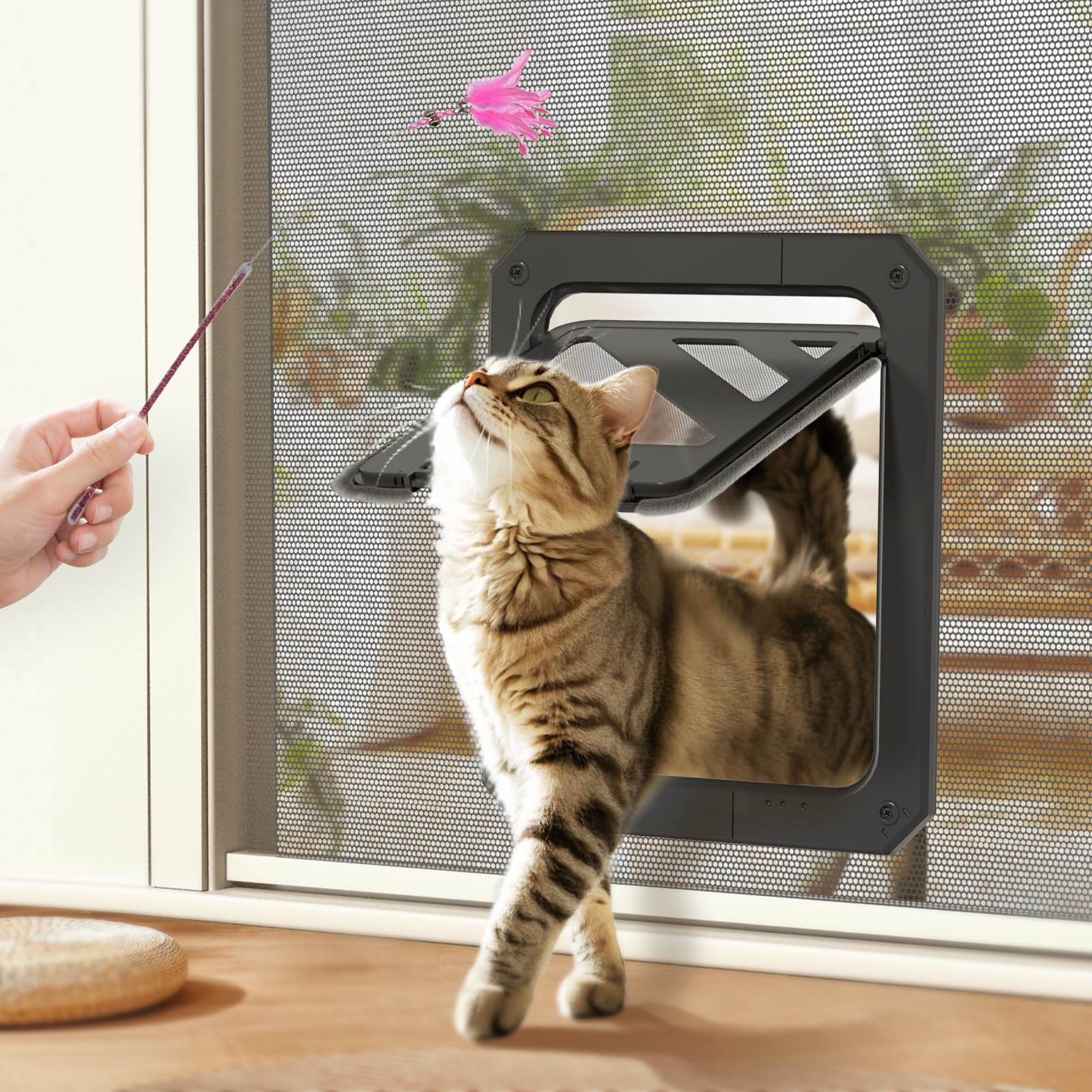 Photo 1 of LIBBEPET Cat Door for Screen Door, Lockable Cat Screen Door for Cats & Small Dogs Up to 20 lbs, Magnetic Flap Opening 7 x 9 inches, Equipped with Interactive Cat Toy & Installation Tools, Black