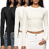 ENERFUL Women's Long Sleeve Shirts Crew Neck Slim Fitted Going Out Crop Casual Tops Basic Tees
