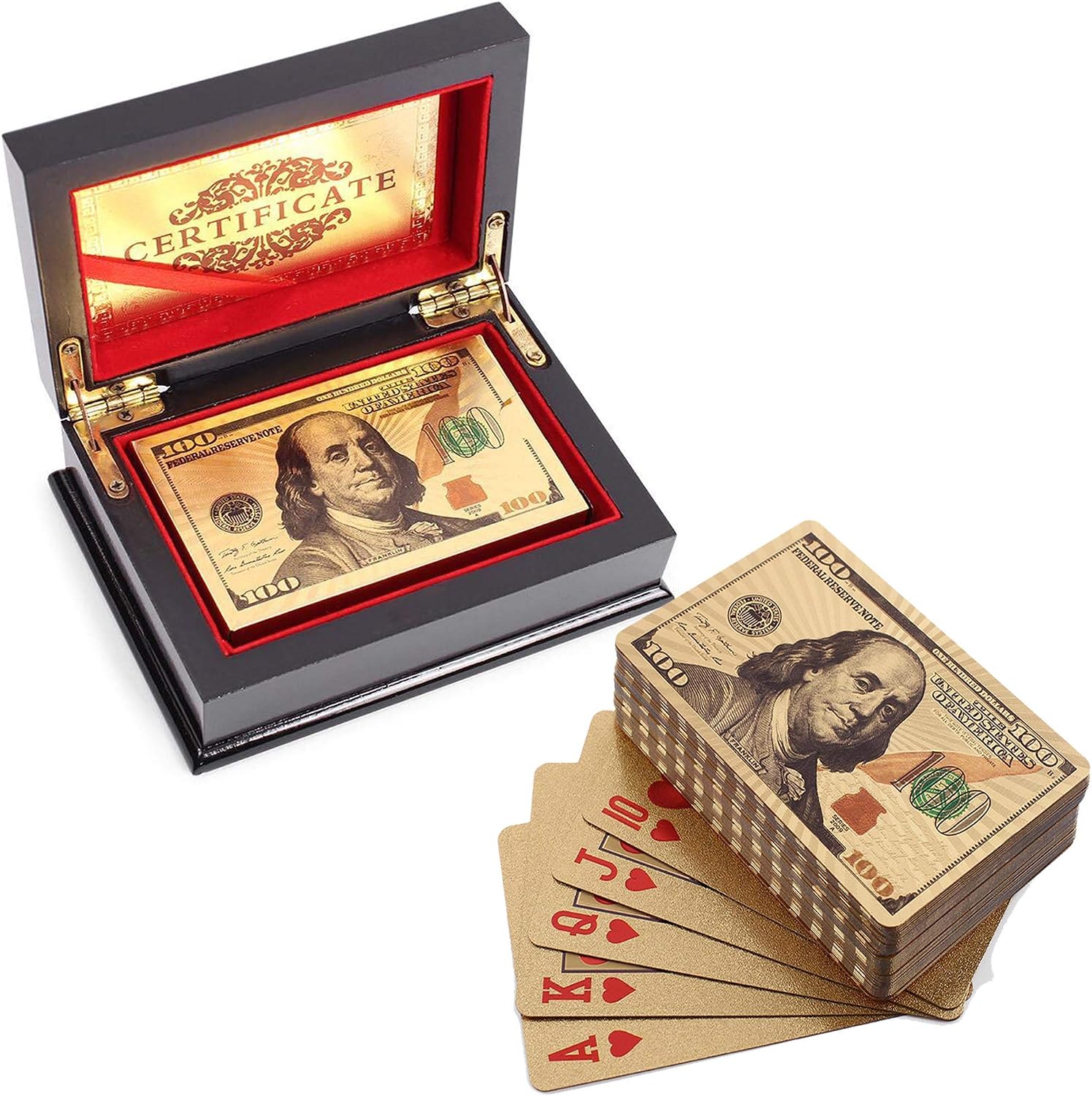 VIROSA 24k Carat Gold Plated Poker Cards, 100 Dollar Gold Boxed, Medium