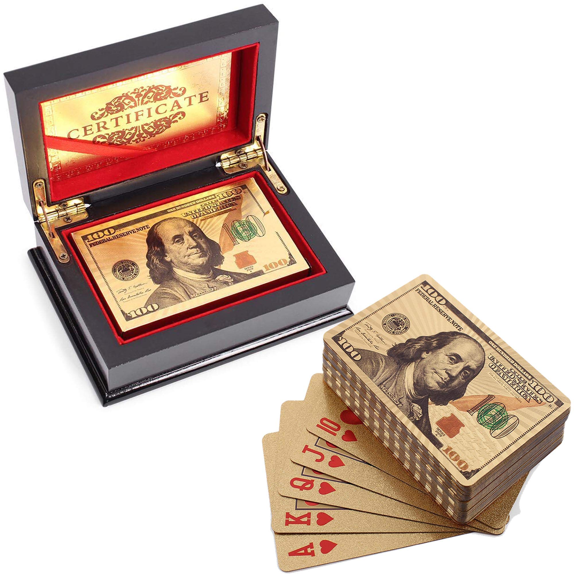 VIROSA 24k Carat Gold Plated Poker Cards | Includes Deluxe Wooden Gift Box, Ideal for Family, Magic Party Game (100 Dollar Gold Boxed)