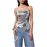 WDIRARA Women's Sparkle Sequin Tube Top Strapless Asymmetrical Bandeau Tops Party Rave Clubwear