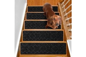 SMILOOL Non Slip Stair Treads for Wooden Steps Indoor, 15 Pack 8" x 30" Carpet Stair Treads for Wood Stairs, Machine Washable Stair Runners for Kids Elders and Pets, Black