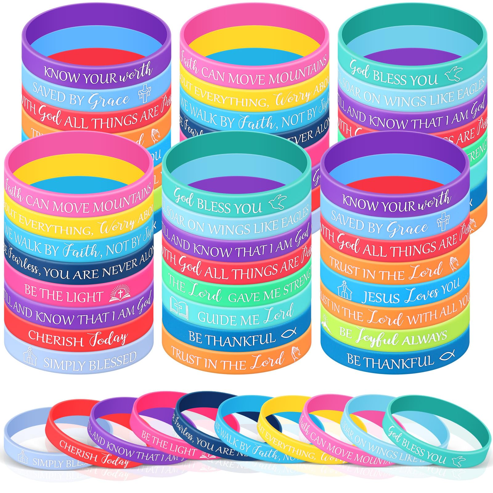 Jadive 60 Pcs Bible Bracelets Christian Gifts for Men Women Faith Bible Verse Rubber Wristbands Inspirational Silicone Wristbands Motivational Sayings Religious Wrist Bands for Party Church