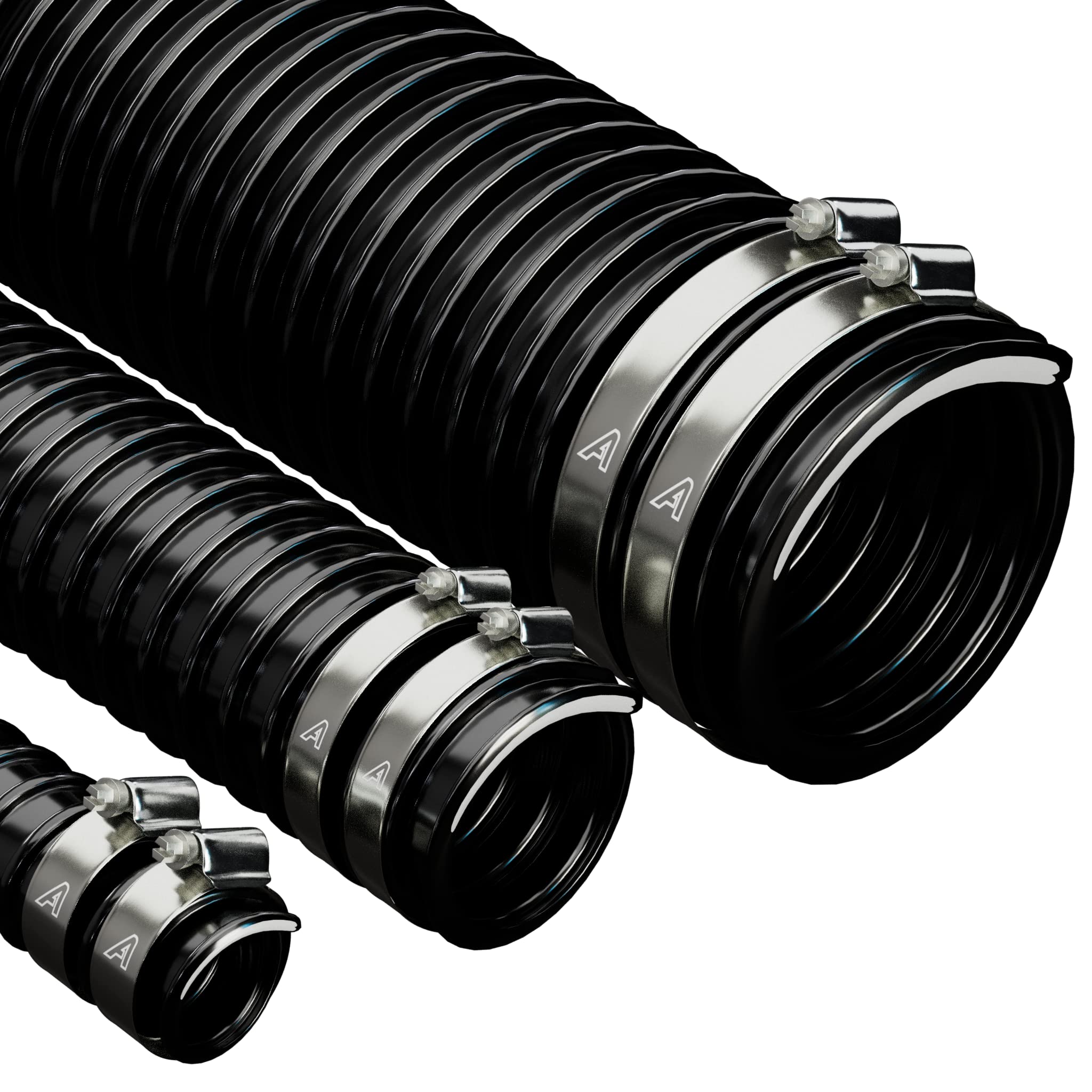 50mm (2") X 1 Metre Black Corrugated PVC Flexible Pond Hose with 2 Pipe Clips