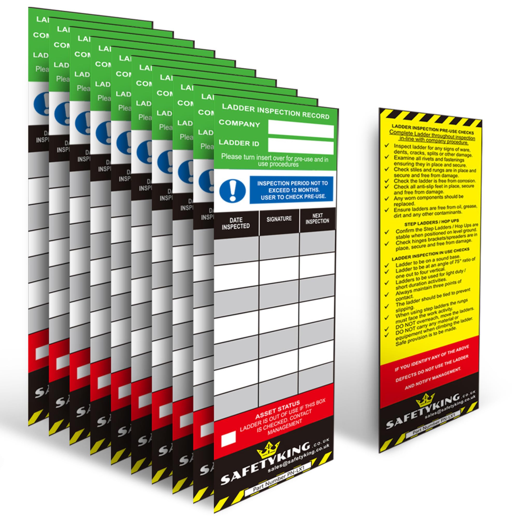 SAFETYKING® Ladder Tags 10 Inserts – Safety Ladder Inspection Tags with Cable Ties- Complete Tools kit with Marker & Label - Durable - Suitable for Indoor & Outdoor Use