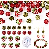 Spritewelry 40Pcs Rhinestone Clay Beads Round Pave Disco Ball Beads DIY Kit 10-14mm Strawberry Rhinestone Bling Crystal Beads 1 Roll Elastic Crystal Thread for Jewelry Making Bracelet