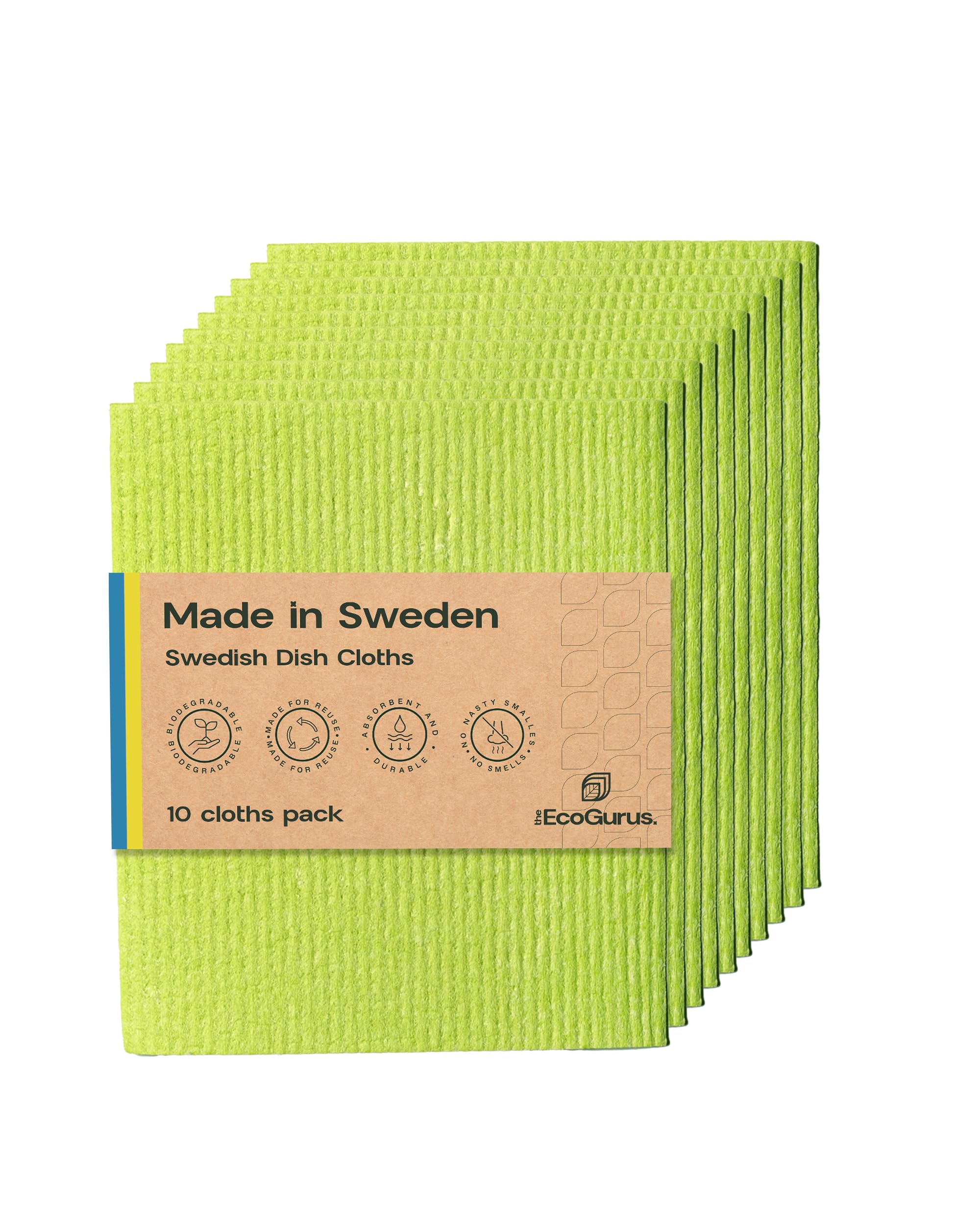 The EcoGurus 10 Pack Odour-Resistant Reusable Cleaning Cloths | Original Swedish Dishcloth | Made in Sweden | Suitable for All Surfaces | Biodegradable Cellulose Sponge | Kitchen & Bathroom | Green