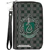 Buckle-Down The Wizarding World of Harry Potter Wallet, Zip Around, Slytherin Crest Heraldry Checkers Gray Greens, Vegan Leather